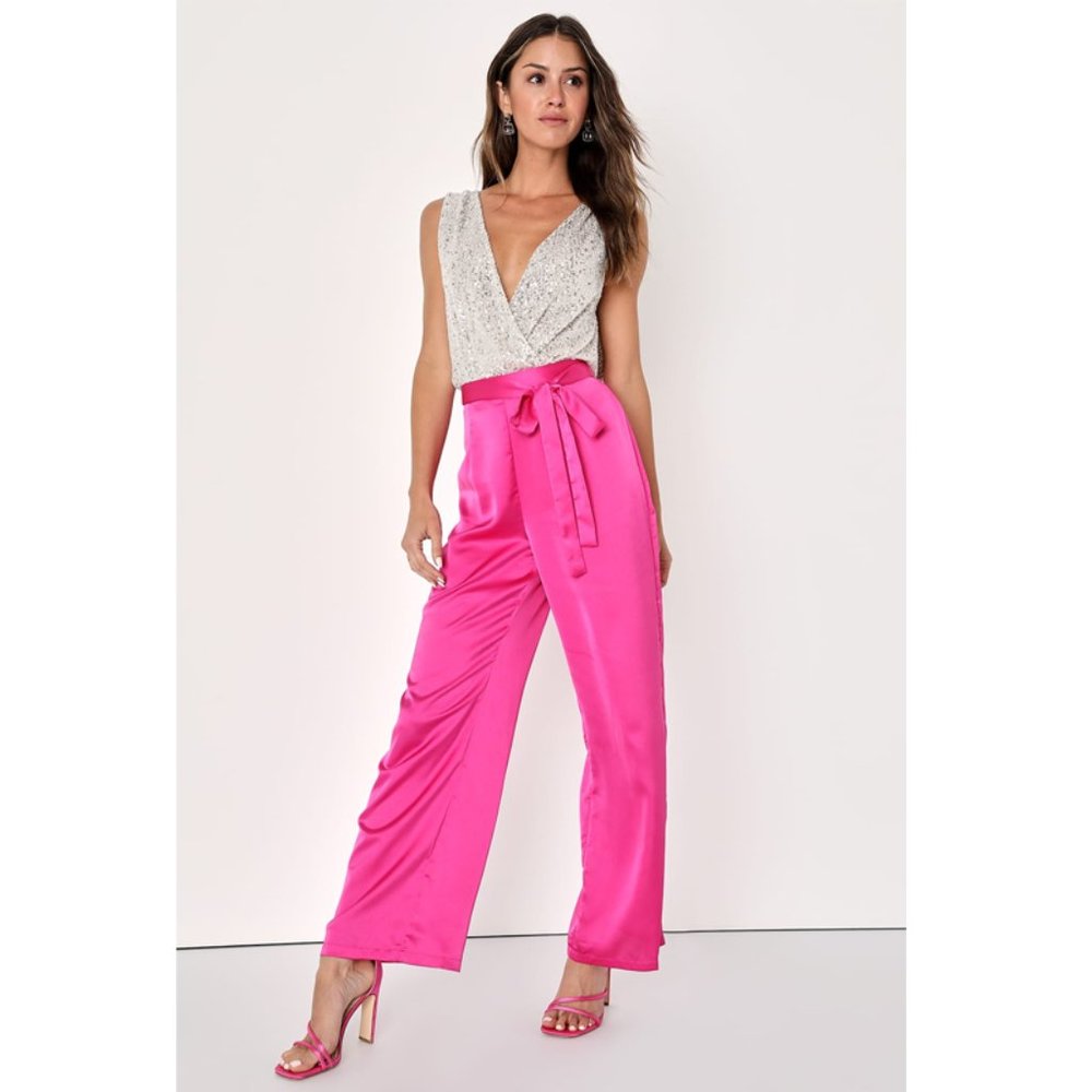 Lulus | Truest Trend Fuchsia Satin Paper Bag Wide-Leg Pants